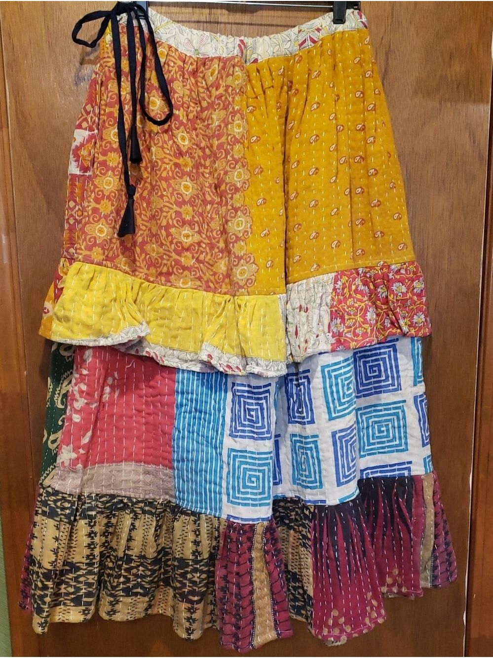Bohemian Patchwork Multicolor Ruffle Tiered Kantha Skirt